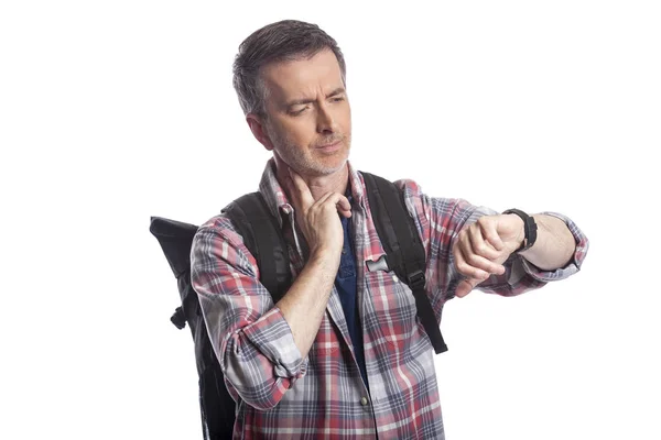 Middle Aged Man Senior Citizen Checking Heart Rate Pulse Health — Stock Photo, Image