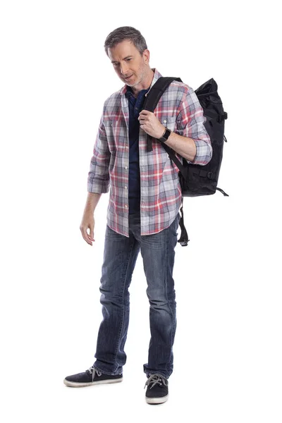 Hombre Mediana Edad Preparando Una Mochila Para Senderismo Trekking También —  Fotos de Stock