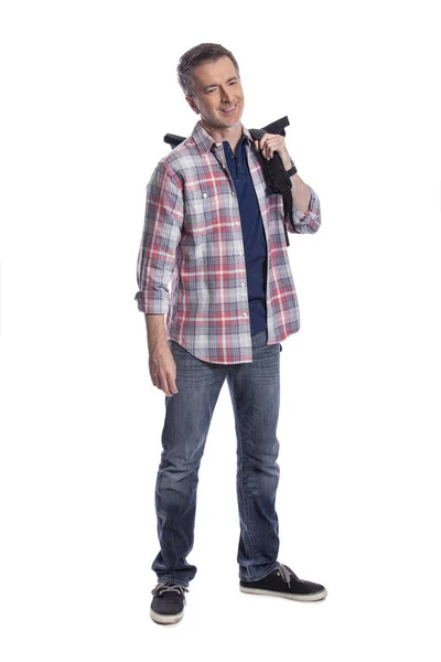 Hombre Mediana Edad Preparando Una Mochila Para Senderismo Trekking También —  Fotos de Stock