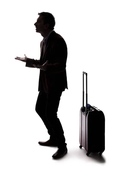 Silhouette Angry Businessman Traveler Luggage Arguing Airport Delays Cancellations Tourist — Stock Photo, Image