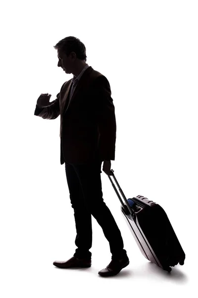 Silhouette Traveling Businessman Looking Upset Because Delayed Cancelled Flight Traveler — Stock Photo, Image