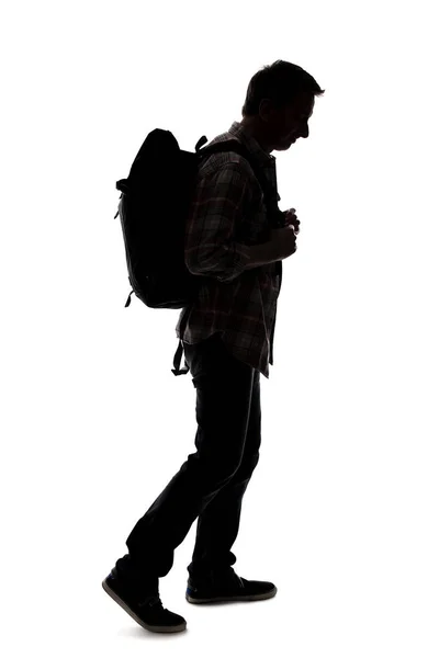 Silhouette Male Tour Guide Hiking Carrying Backpack White Background Isolated — Stock Photo, Image