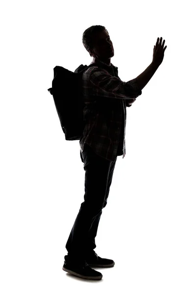 Silhouette Male Tour Guide Hiking Carrying Backpack White Background Pointing — Stock Photo, Image