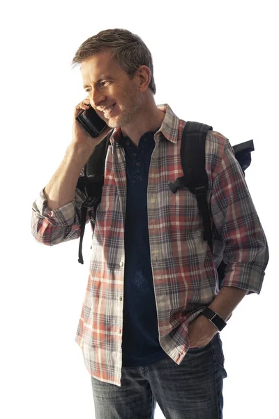 Hiker Using Cellphone Make Phone Call Ask Directions Help Isolated — Stock Photo, Image