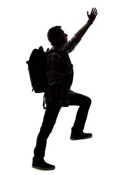 Silhouette Eines Wanderers Oder Bergsteigers Der Nach Einem Imaginären Berg — Stockfoto