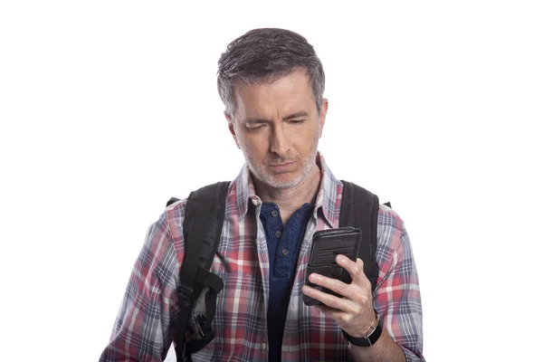 Tourist Traveling Hiker Unable Get Cellphone Reception Network Man Can — Stock Photo, Image