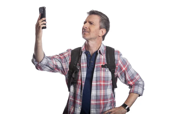 Tourist Traveling Hiker Unable Get Cellphone Reception Network Man Can — Stock Photo, Image