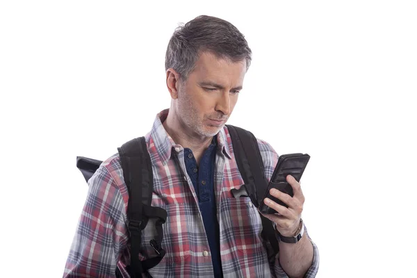 Tourist Traveling Hiker Unable Get Cellphone Reception Network Man Can — Stock Photo, Image