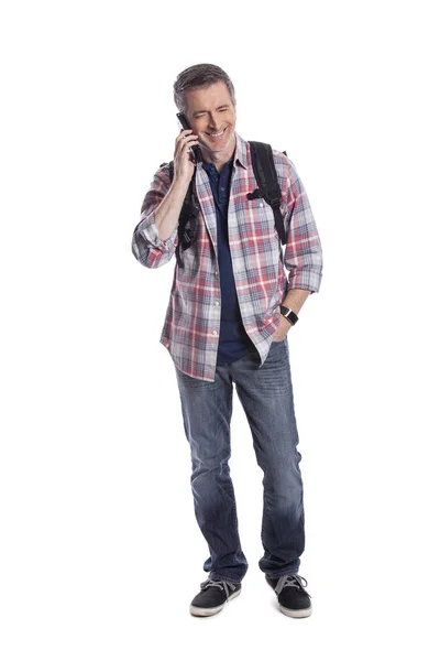 Male Tourist Hiker Using Cellphone Call Message Rideshare Can Travel — Stock Photo, Image