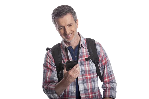 Male Tourist Hiker Using Cellphone Call Message Rideshare Can Travel — Stock Photo, Image