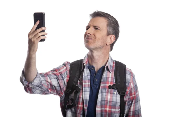 Tourist Traveling Hiker Unable Get Cellphone Reception Network Man Can — Stock Photo, Image