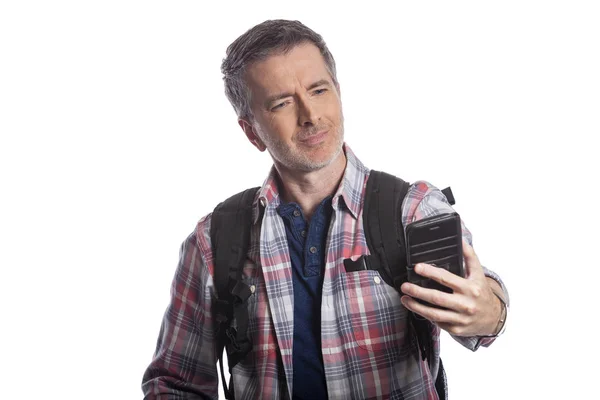 Tourist Traveling Hiker Unable Get Cellphone Reception Network Man Can — Stock Photo, Image