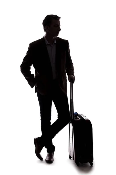 Silhouette Uomo Affari Viaggio Affari Sta Aspettando Con Bagagli Come — Foto Stock