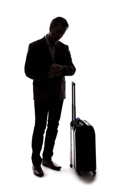 Silhouette Traveling Businessman Going Business Trip Waiting Luggage Airport Departure — Stock Photo, Image