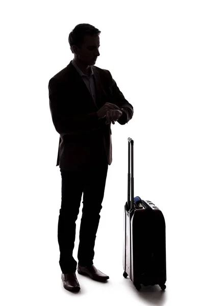 Silhouette Traveling Businessman Going Business Trip Waiting Luggage Airport Departure — Stock Photo, Image