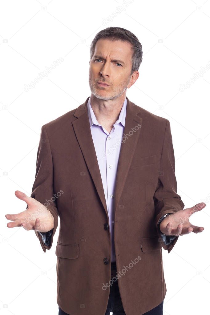 Middle aged bearded businessman on a white background wearing a brown jacket.  The mature man looks like an undecided and confused business executive.  