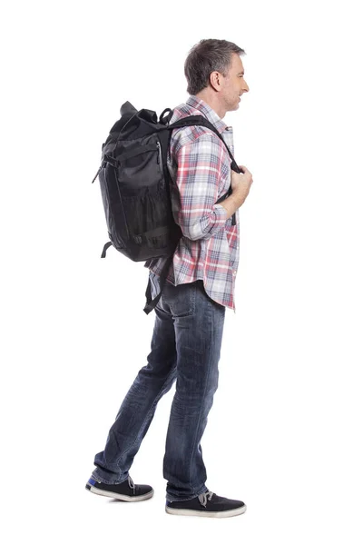 Middle Aged Man Hiking Carrying Backpack White Background Depicts Adventure — Stock Photo, Image