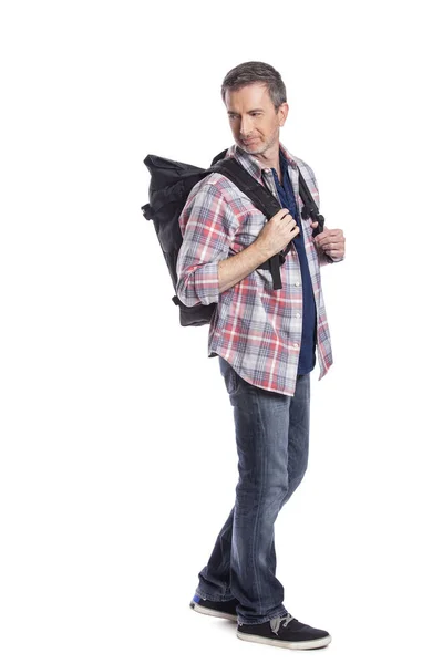 Middle Aged Man Hiking Carrying Backpack White Background Depicts Adventure — Stock Photo, Image