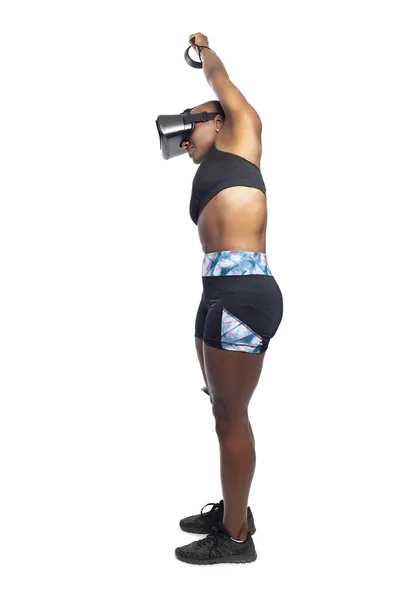 Černý Samička Náhlavní Soupravou Virtuální Realitou Přidržovací Kontroloři Mají Fitness — Stock fotografie