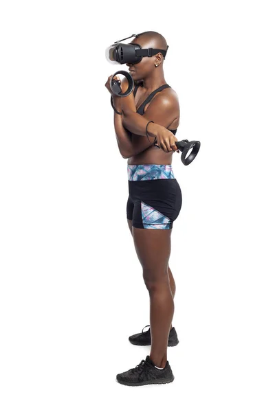 Black Female Wearing Virtual Reality Headset Holding Wand Controllers Doing — Stock Photo, Image