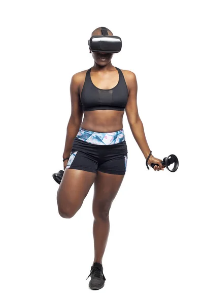 Black Female Wearing Virtual Reality Headset Holding Wand Controllers Doing — Stock Photo, Image