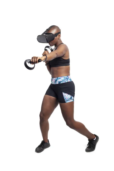 Giocatrice Nera Atletica Che Gioca Videogiochi Allena Indossando Auricolare Realtà — Foto Stock