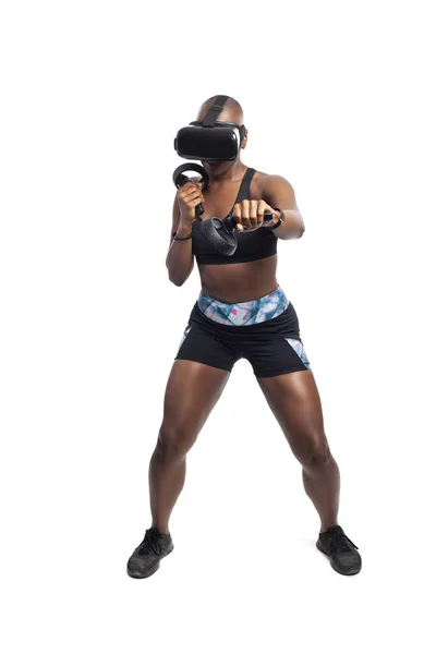 Athletic Black Female Gamer Playing Video Games Exercising While Wearing — Stock Photo, Image