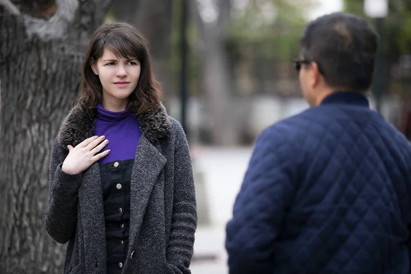 Woman Walking Outdoors City Looking Snobby While Running Boyfriend Looking — Stock Photo, Image