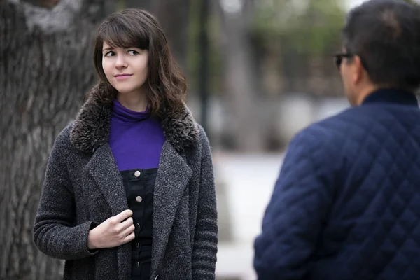 Woman Walking Outdoors City Looking Snobby While Running Boyfriend Looking — Stock Photo, Image