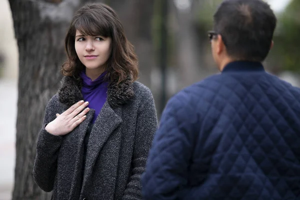 Woman Walking Outdoors City Looking Snobby While Running Boyfriend Looking — Stock Photo, Image