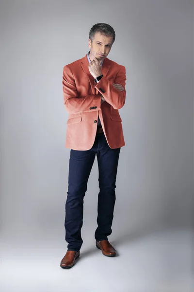 Middle Aged Fashion Model Wearing Coral Colored Sports Coat Jacket — Stock Photo, Image