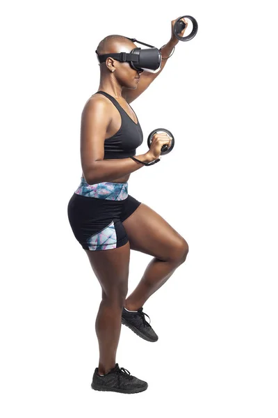 Athletic Black Female Playing Video Game Pretending Mountain Climbing Virtual — Stock Photo, Image