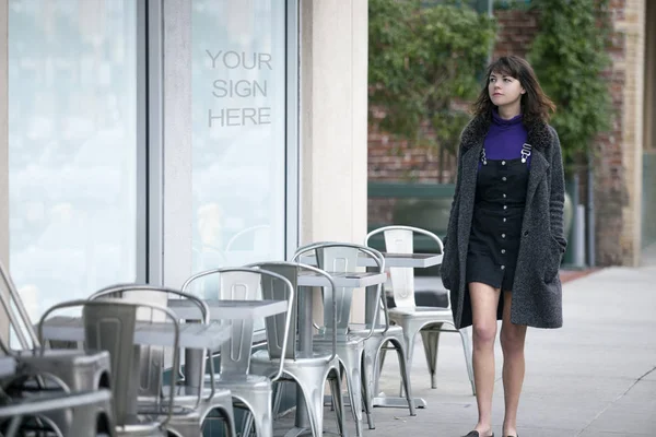 Woman Walking Outdoors City Looking Text Logo Space Window Display — Stock Photo, Image