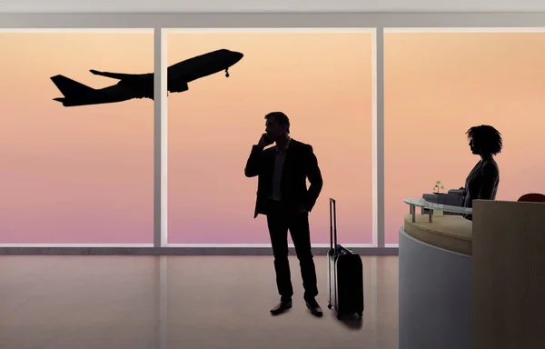 Gestrest Zakenman Passagier Ruzie Met Een Stewardess Receptioniste Een Luchthaven — Stockfoto