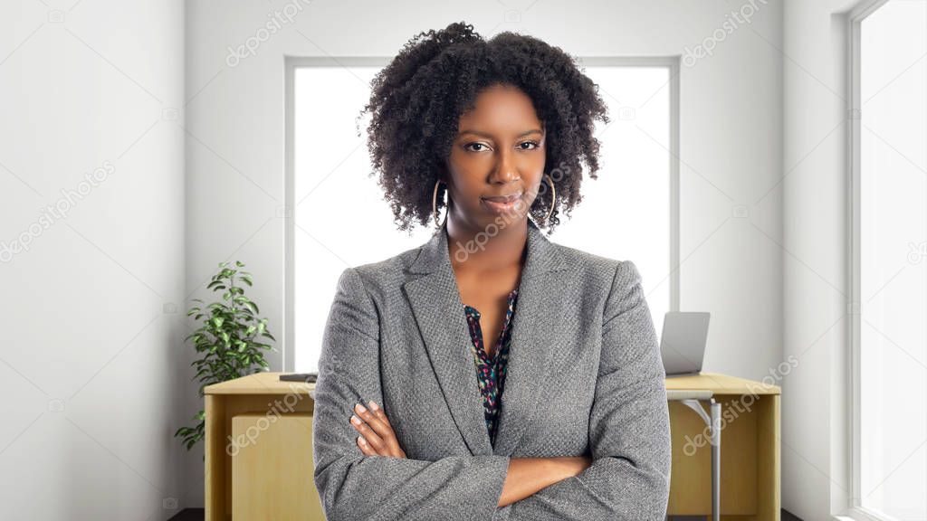 Black African American businesswoman in an office looking disgusted.  She is an owner or an executive of the workplace.  Depicts careers and startup business. 