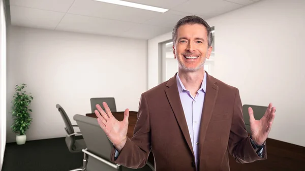 Middle Aged Businessman Gray Hair Wearing Brown Jacket Standing Office — Stock fotografie