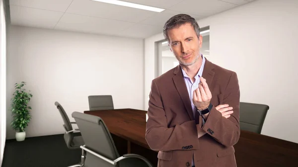 Middle Aged Businessman Gray Hair Wearing Brown Jacket Standing Office — Stok fotoğraf