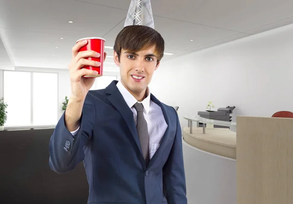 Businessman Celebrating Himself Alone Office Happy Because Birthday Holiday Successful — Stock Photo, Image