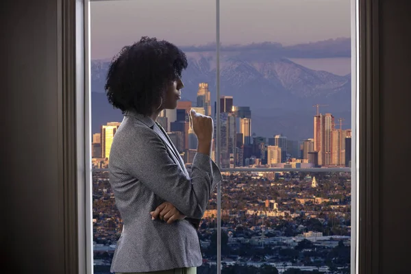 Black Female Businesswoman Looking Worried Tired Office Window View Downtown — Stock Photo, Image