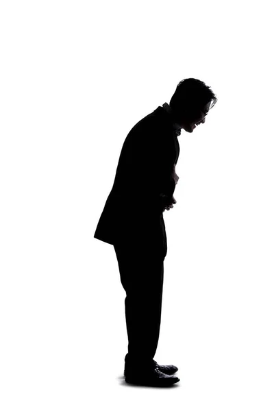 Ganzkörpersilhouette Eines Geschäftsmannes Isoliert Auf Weißem Hintergrund Gestikuliert Als Würde — Stockfoto