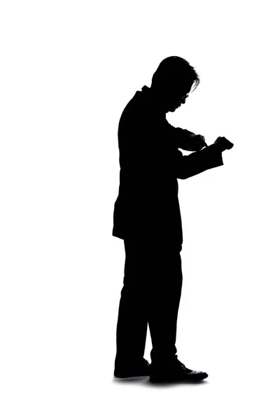 Full Body Silhouette Businessman Isolated White Background Standing Waiting Posed — ストック写真