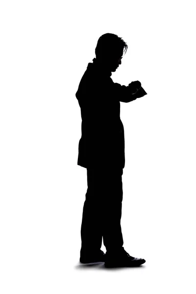 Ganzkörpersilhouette Eines Geschäftsmannes Isoliert Auf Weißem Hintergrund Steht Und Wartet — Stockfoto