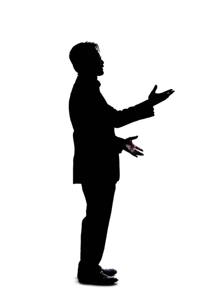 Ganzkörpersilhouette Eines Geschäftsmannes Isoliert Auf Weißem Hintergrund Gestikuliert Als Würde — Stockfoto