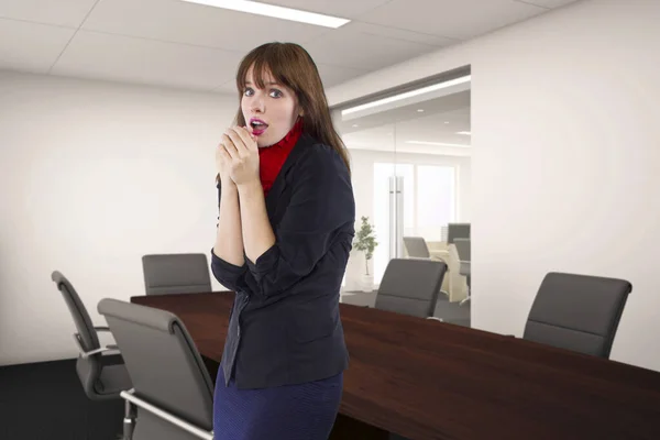 Businesswoman Office Worker Looking Upset Anxious Because She Alone Workplace — Stock Photo, Image