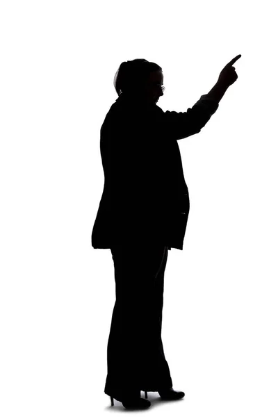 Silhouette Curvy Size Businesswoman White Background She Pointing Something — Stock Photo, Image