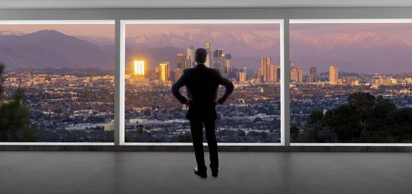 Businessman Wearing Suit Looking Buildings Downtown Los Angeles Office Window — Stock Photo, Image