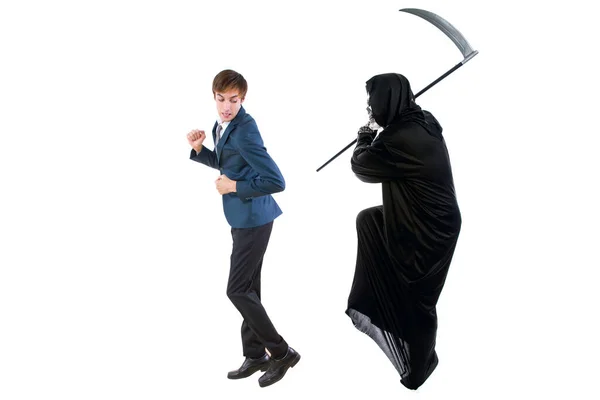 Man Halloween Grim Reaper Ghost Costume Chasing Mocking Making Fun — Stock Photo, Image