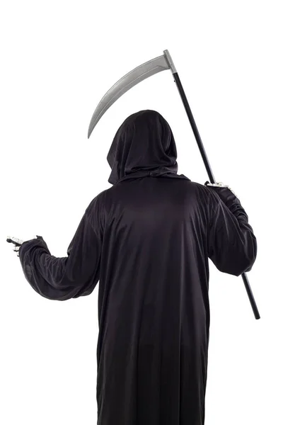 Sombrío Disfraz Halloween Muerte Aislado Sobre Fondo Blanco Esqueleto Lleva — Foto de Stock