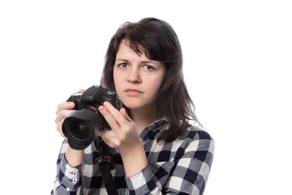 Jonge Vrouwelijke Freelance Professionele Fotograaf Kunststudent Fotojournalist Een Witte Achtergrond — Stockfoto