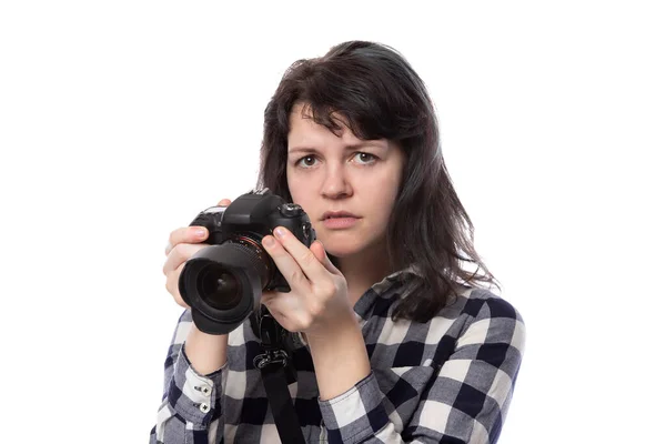 Junge Freiberufliche Fotografin Oder Kunststudentin Oder Fotojournalistin Auf Weißem Hintergrund — Stockfoto